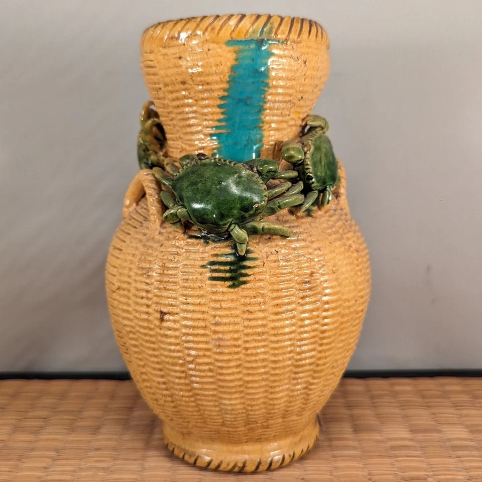 Jarrón antiguo japonés Seto cerámica cerámica amarillo figurativo relieve cangrejo cesta Foto 2 de 4