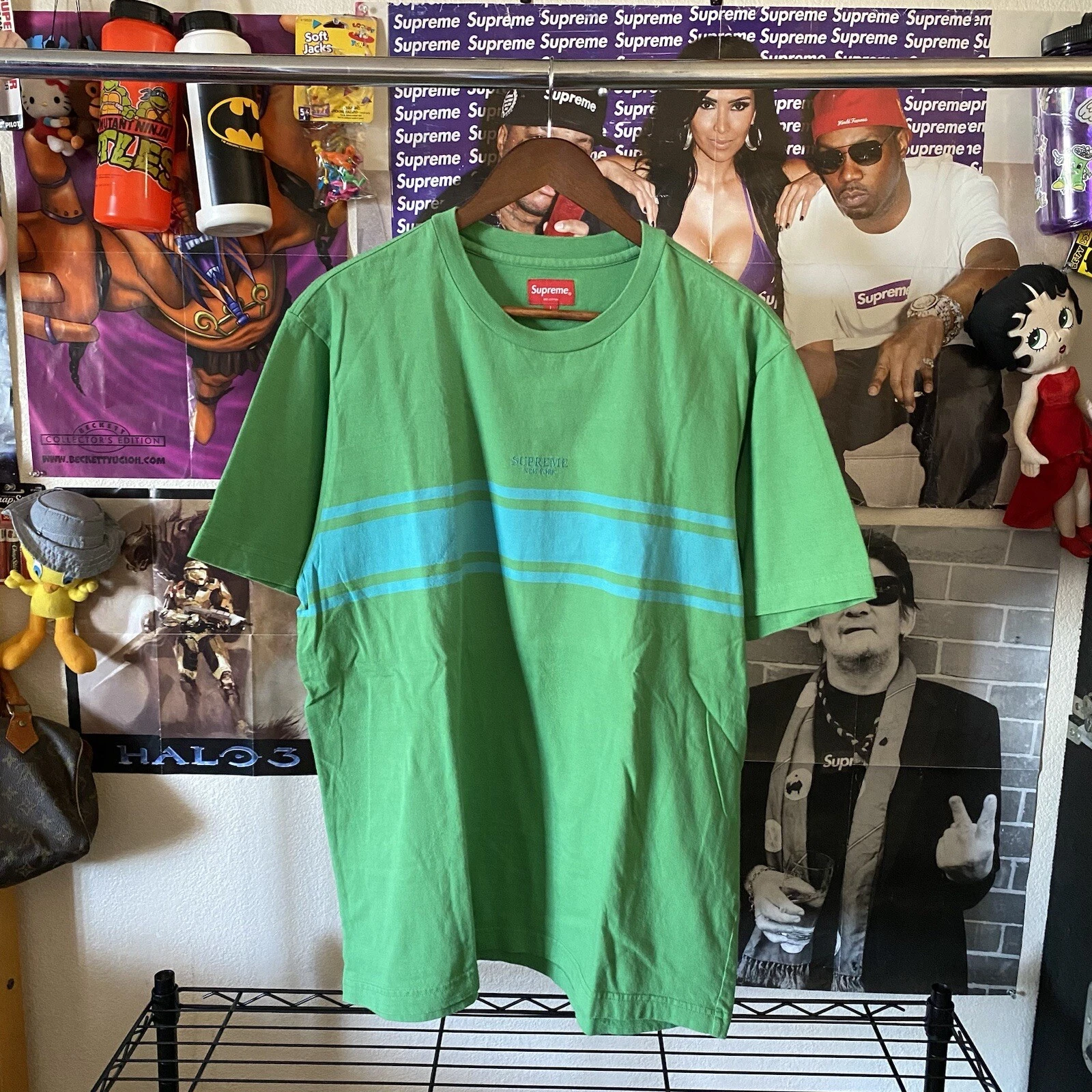 T shirt logo Supreme Striped Center vert Kelly 2018