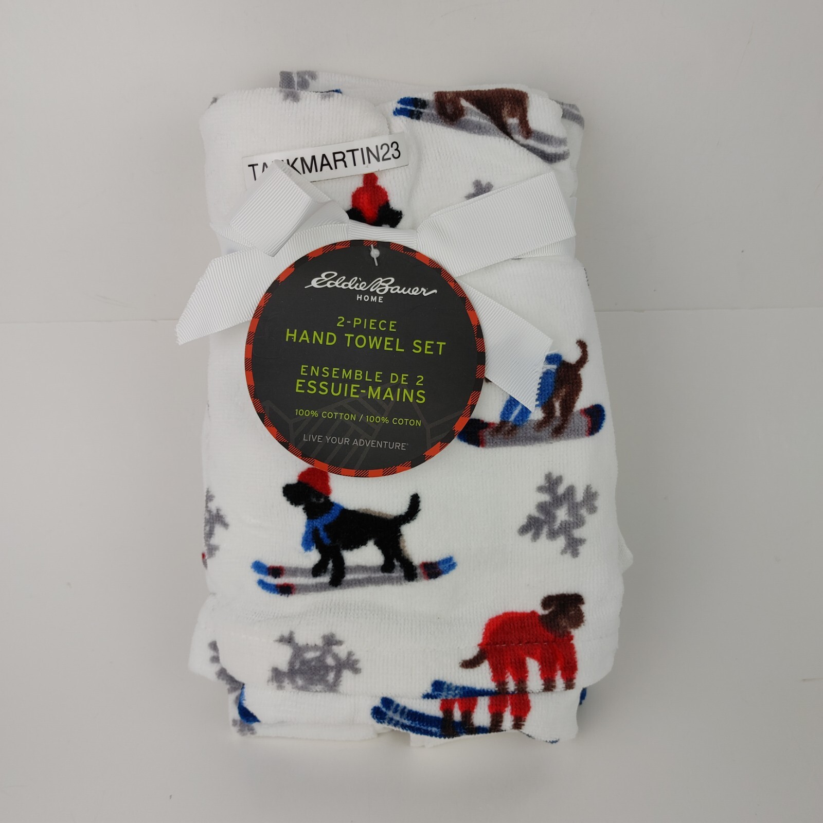 2 Terry Bath Hand Towels Eddie Bauer Black Labs Skiing Christmas