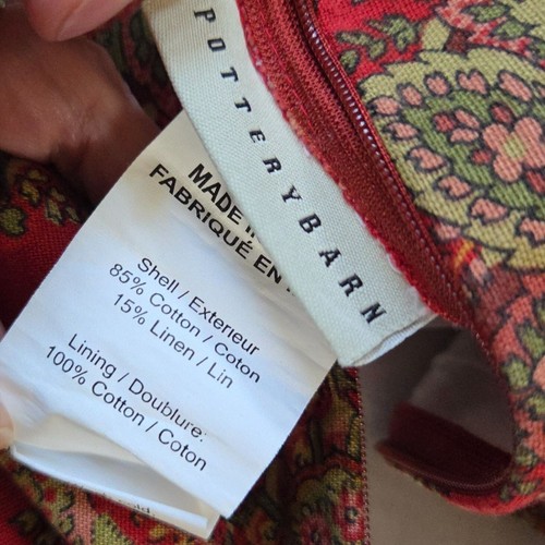 Pottery Barn Pillow Cover Shams Red Green Paisley Linen Blend 24x24 Pair Set 2 - Picture 6 of 7