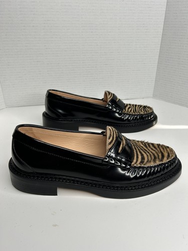 J Crew Winona Cow Hair Black/tiger Stripe Leather Penny Loafers Sz 8.5 New - Picture 6 of 12