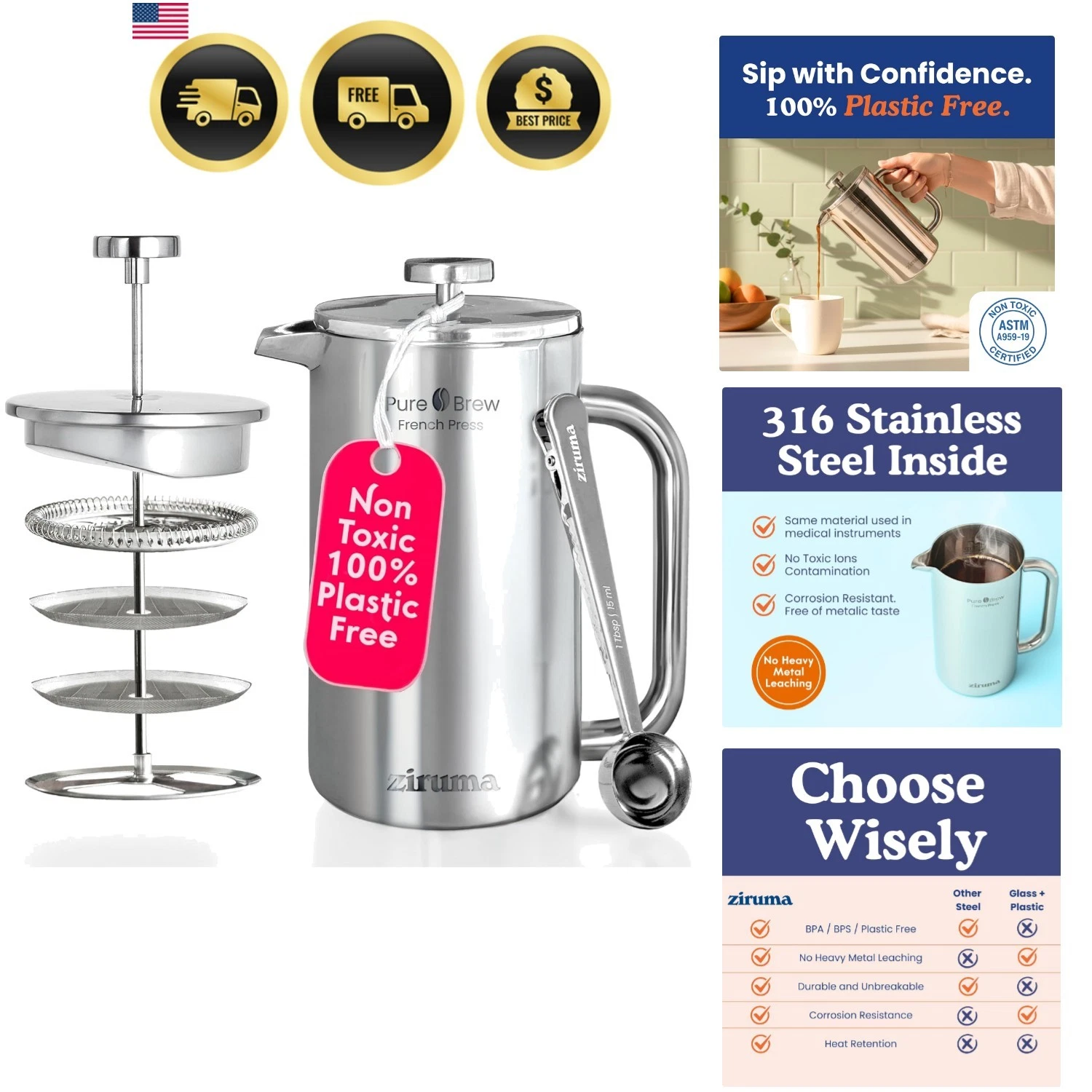 Non-Toxic French Press, Surgical Stainless Steel Coffee Press, Plastic-Free, ...