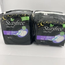 2) Stayfree Ultra Thin Overnight With Wings 14 Pads Thermo Control Dry Cool