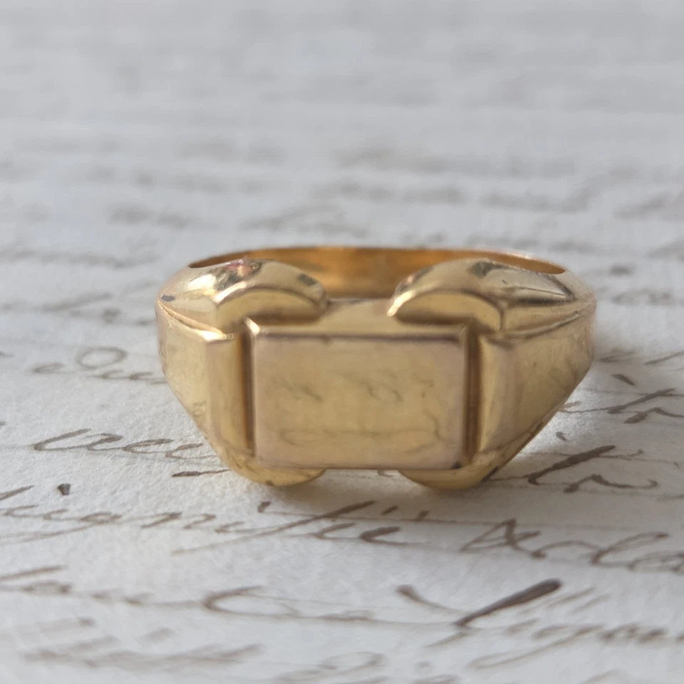 Bague Chevalière Plaqué Or Tank 1920 Ancienne Époque Art Déco TTD58 - Photo 3/4