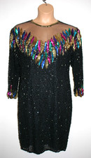 VTG Womens Erica Louis 100% Silk Full Sequins Beaded Party Dress Black Size 16