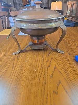 Vintage Copper & Brass Skillet Chafing Warming Dish w/Stand, Lid, Sterno Holder