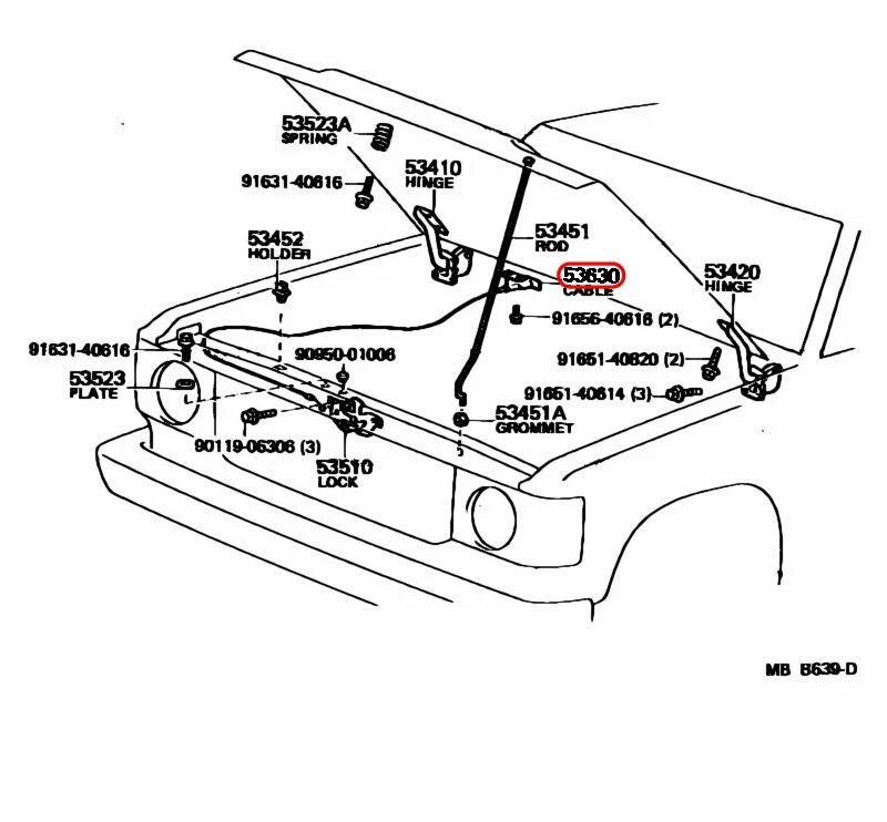 Cable de control de bloqueo de capó Toyota OEM 53630-90A01 para Land Cruiser 1981-1990 Foto 3 de 4
