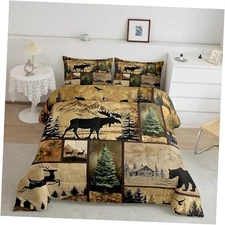  Hunting Deer Bear Comforter Set Size, Rustic Farmhouse Bedding Set Queen Brown