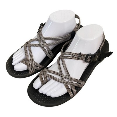 Skechers Sandals Womens 8 Black White Reggae Elastic Boat Strappy Beach Shoes