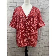 Shein Curve Red White Floral Ladies Blouse Size 1 XL Short Sleeve V-Neck Button