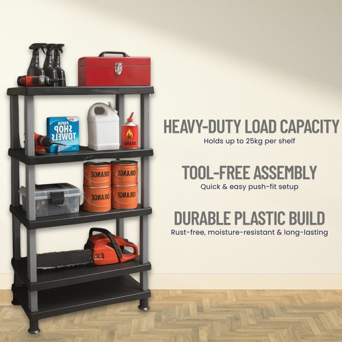 5 Tier Plastic Shelving Unit Grey & Black Warehouse Garage Shelf Organizer Rack - Picture 14 of 15