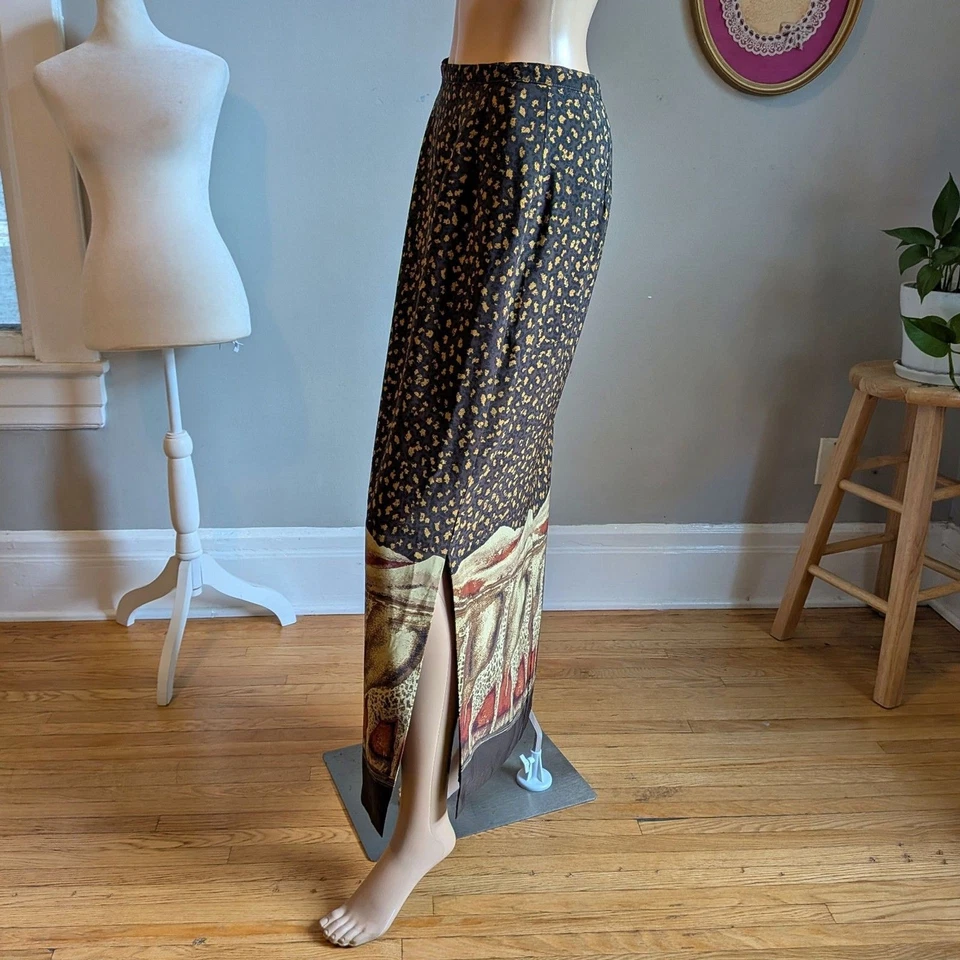 Maxi Falda Vintage Años 90 Hilos Intrigantes Safari Jirafa Hendidura Talla 10 Foto 4 de 4