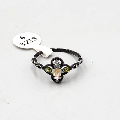 Fragrant Jewels Cocktail Ring Aurora Borealis and Yellow Black Metal Size 9.5