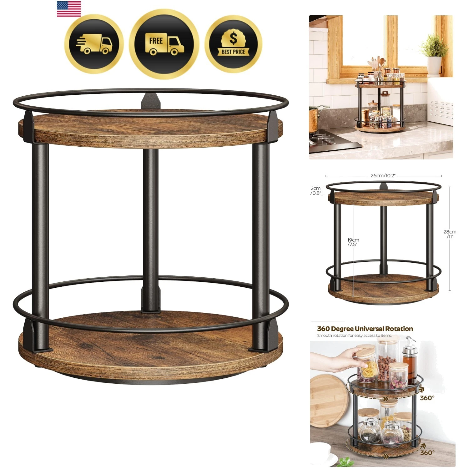 Lazy Susan Organizer, Rotating Spice Rack, 2 Tier Spice Turntable Organizer, ...