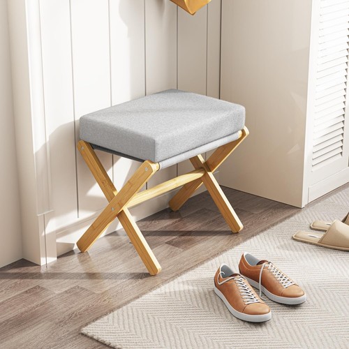 Elegant Folding Vanity Stool - Thick Cushion with Bamboo X Legs for Comfort - Picture 4 of 10