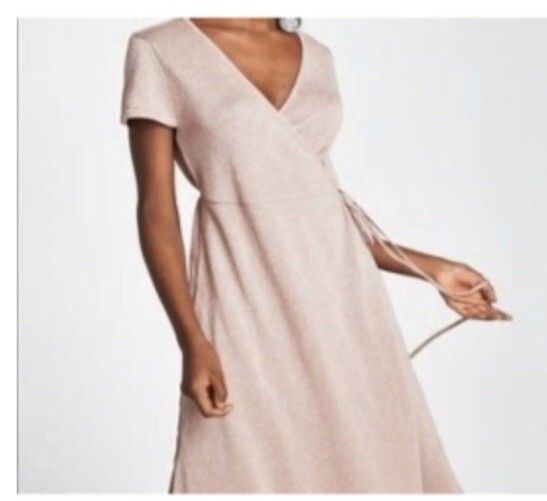 Zara Wrap Dress Womens Large Gold Taupe Metallic Shimmer Short Sleeve Midi