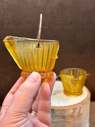 2 Vintage MCM Art Glass Amber COAL SCUTTLES Small Baskets Trinket Dish w/Handles - Picture 2 of 15