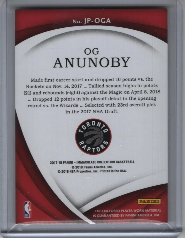 2017-18 Panini Immaculate Rookie Jersey Number #JP-OGA OG Anunoby RC 4/8 - Image 2 of 2