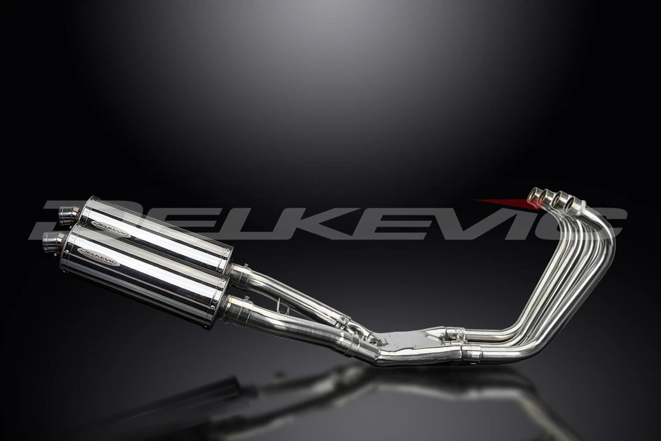 Silenciadores ovalados de acero inoxidable Yamaha FJ1100 1984-1985 Delkevic escape completo 4-2 14" Foto 2 de 4