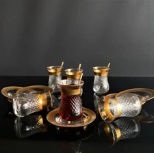 Crystal Cut Carved Glass Tea Cup and Saucer Set, Volume: 165 cc. 5 1/2 oz., Gold