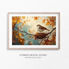 Autumn Bird on Branch Painting, Cozy Woodland Wall Art, PRINTABLE File Decor