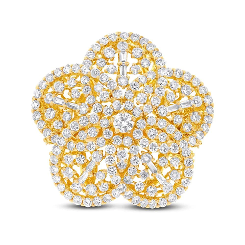 18K Oro Giallo Diamante Fiore Anello Naturale 4.17 Ctw Rotondo Baguette Taglio