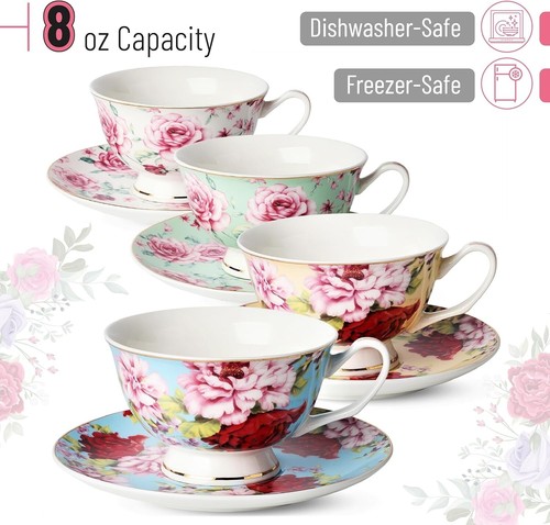 Floral Tea Cups and Saucers Set of 4 7oz With Gold Trim and Gift Box Cappuccino - Picture 2 of 9
