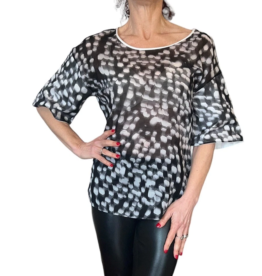 JIL SANDER BLUSA TOP MUJER AZUL MARINO NEGRO BLANCO ESTAMPADO ABSTRACTO MANGA CORTA 34 S Foto 3 de 4