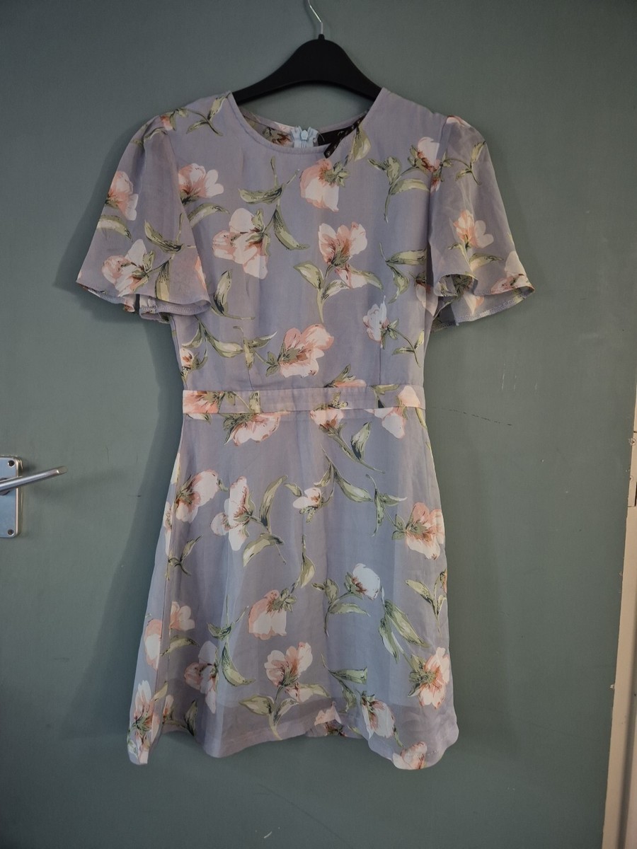 Missguided Size Blue Floral Chiffon Short Sleeve Dress (824/16
