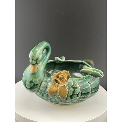 Vintage Green Swan Ashtray Gold Rose Flower Jade Green Bathroom Decor