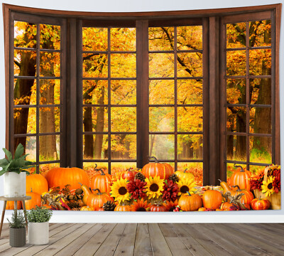 Brown Window Harvest Pumpkin Forest Fall Tapestry for Bedroom Living Room Dorm