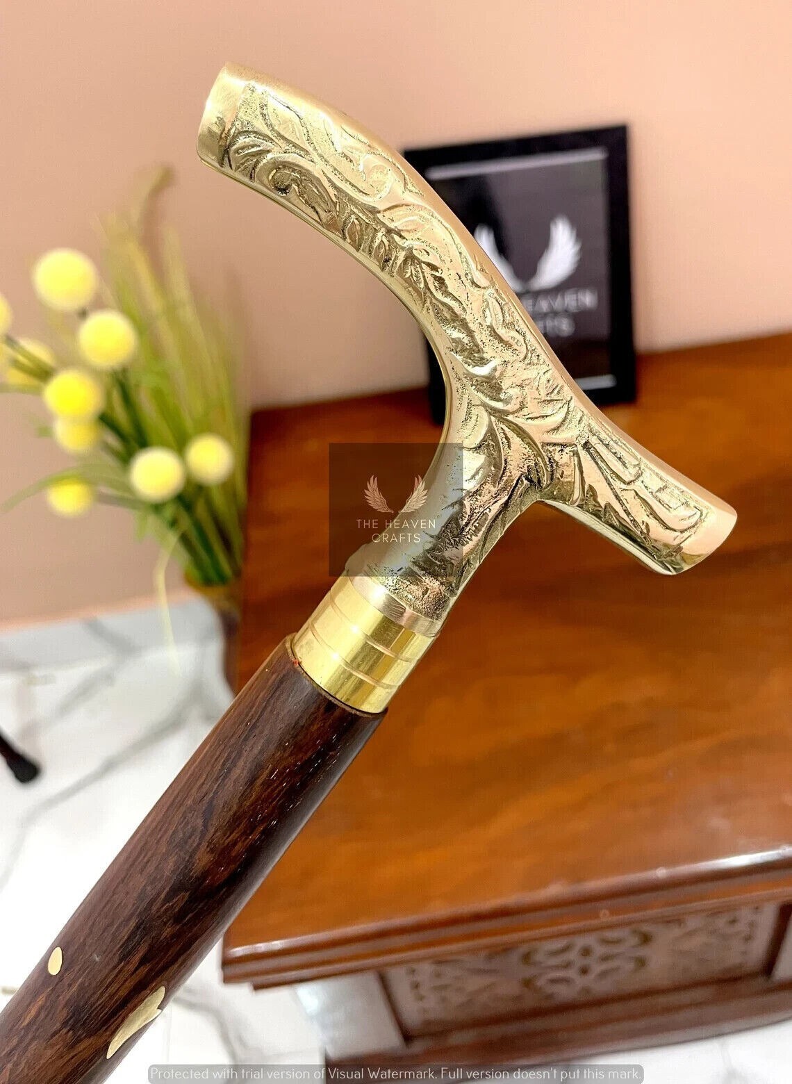 Solid Brass Designer Handle Walking Cane Wooden S… - image 1