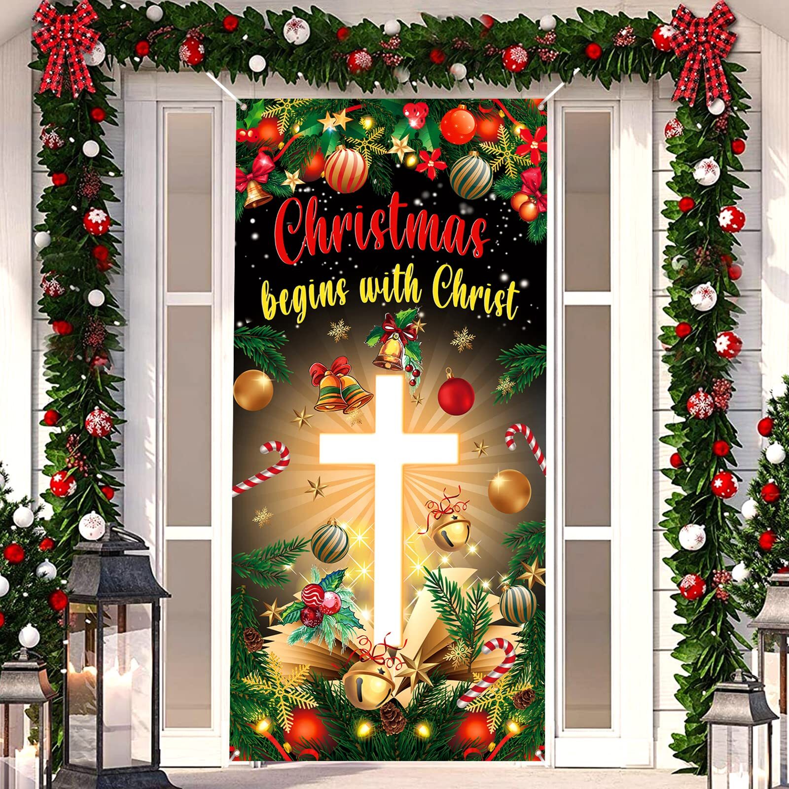 Christmas Cross Door Cover Nativity Cross Religious Door Decorations Banner C...