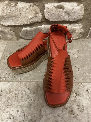 Ulla Johnson Valencia Leather Wedge Espadrille Sandals 37 - 7.5 Brown/Orange EUC