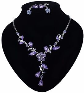 TQ26 Light Purple Rhinestone Drip Flower Earrings Necklace Set Bridal Party Prom
