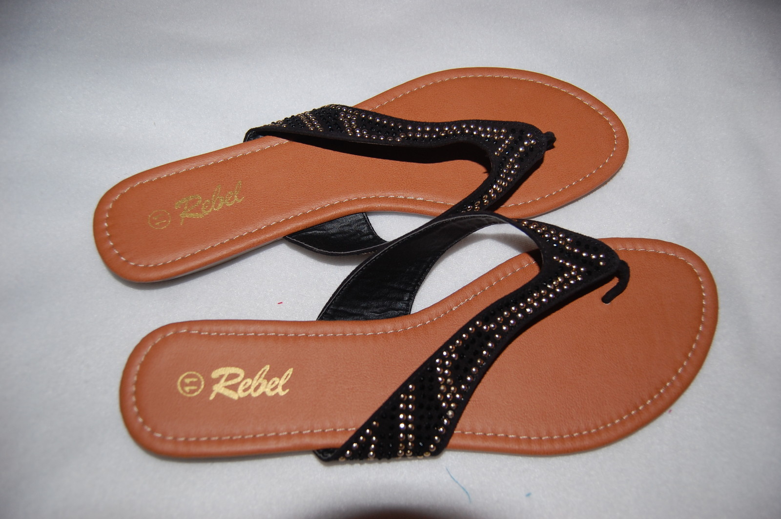 Women's Black Gold Studded Mock Suede Flip Flops with Low Heel REBEL Style-image