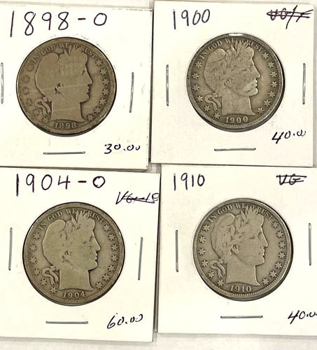 FOUR---4- Better Grade Silver Barber Half Dollars 1898-O, 1900, 1904-O, 1910