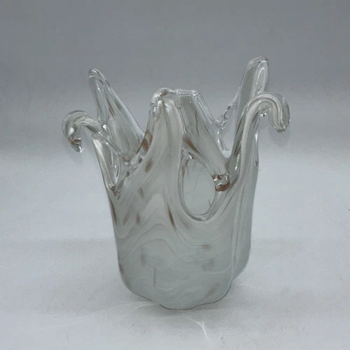 VTG 7” Murano Italy Glass Sea Splash Vase Milky White To Clear & Copper Flecked