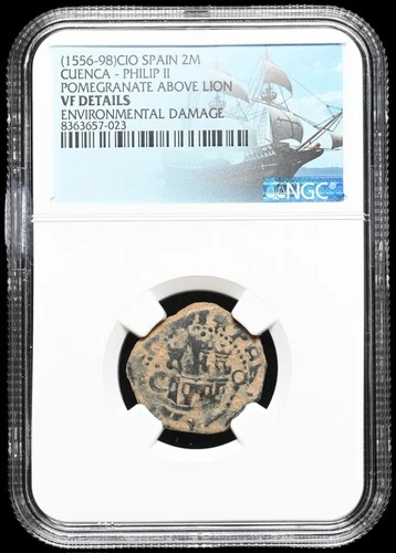 COLONIAL ERA SPAIN. Philip II, 1556-1598. Copper 2 Maravedis, NGC VF Details