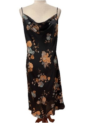 Aritzia Wilfred Only Cowl Neck Bias Cut Slip  Dress Floral Black Copper Blue Lg