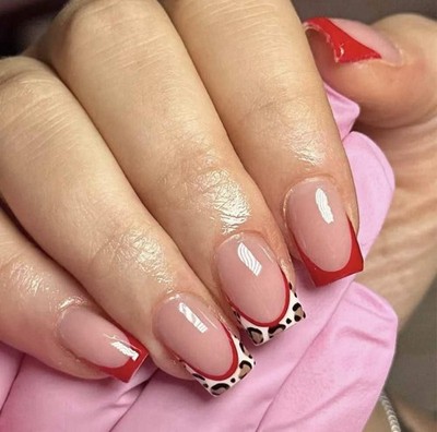 Natural Beige with Bold Red Edge and Sexy Leopard Print Acrylic Nail Set