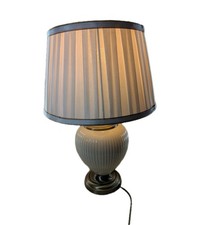 M&S Table Lamp Bulbous Ribbed Ceramic Body Pleated Lampshade Gold Accents CB52