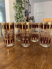 Culver Azure 6 Vintage Cranberry and 22K Gold Scroll Collins Tumbler Glasses