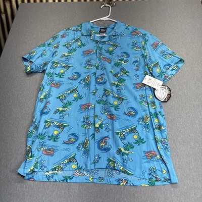 Tom and Jerry Men's M Blue Hawaiian Graphic Print Rayon Short Sleeve Button-Up