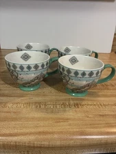 Potter's Studio Ceramic Coffee Mugs Turquoise and Pink 12 oz Set Of 4