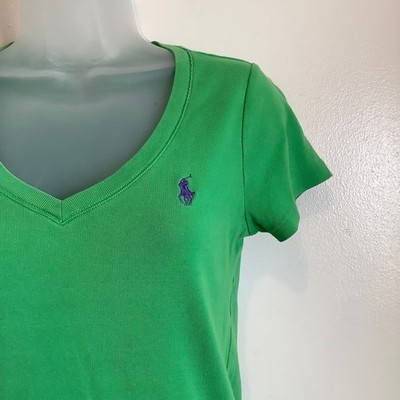 Ralph Lauren Sport Womens Green V-Neck Cotton T-Shirt Purple Pony Logo Size M