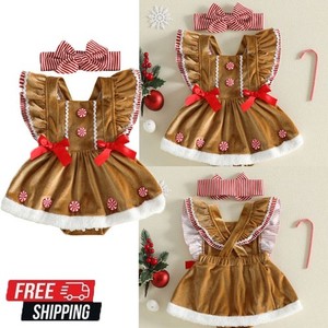 Newborn Baby Girl Christmas Outfit Gingerbread Ruffle Sleeve Dress Headband Set