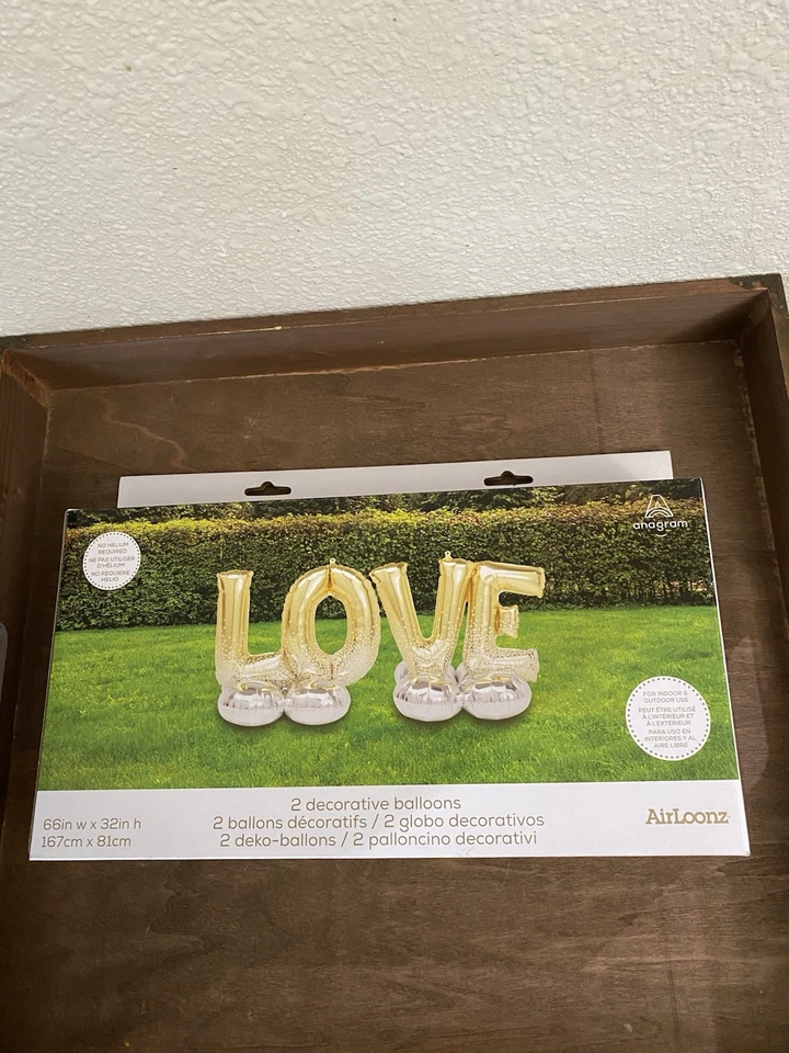 New Love Foil No Helium Required Balloons 66” X 32” AirLoonz Gold And White - Image 2 of 4