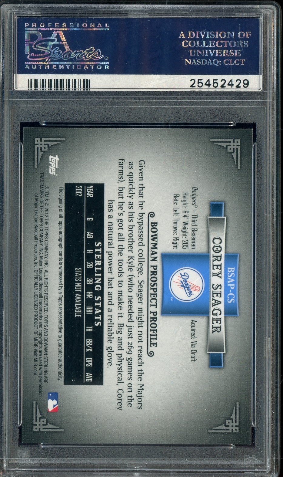 2012 Bowman Sterling Autograph Prospect Corey Seager RC Rookie AUTO PSA 9 view 2