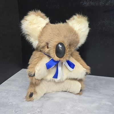 Vtg Australian Koala Bear 9  Plush Genuine Kangaroo Fur Stuffed Soft Blue Ribbon
